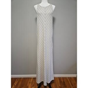 Womens Linen Maxi Dress Med Beige Neutral Sleeveless Striped Boho Resort Summer